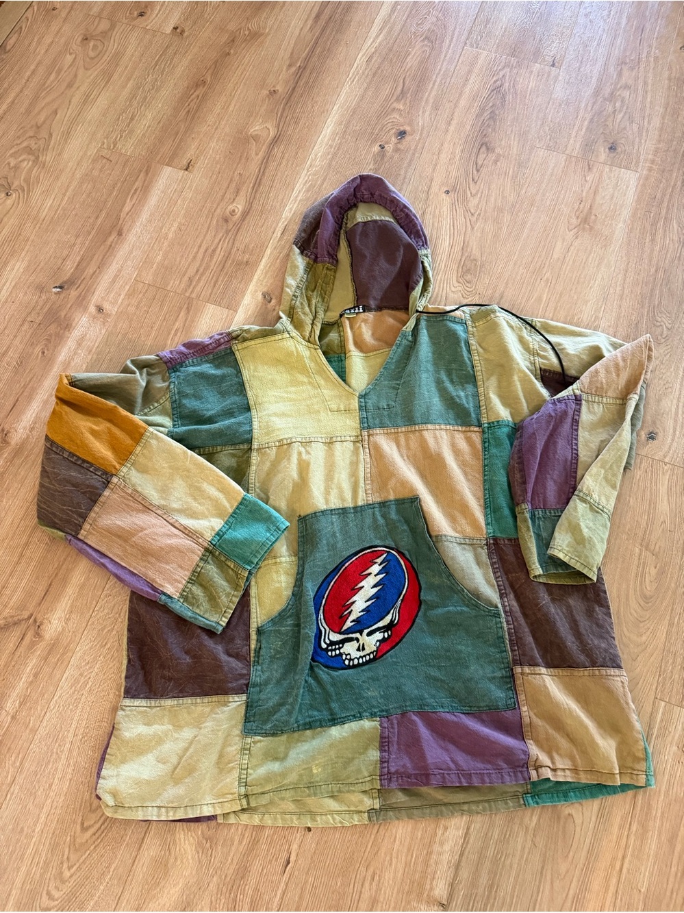 Vintage Patchwork Hooded Pullover with Grateful Dead Steal Your Face Patch